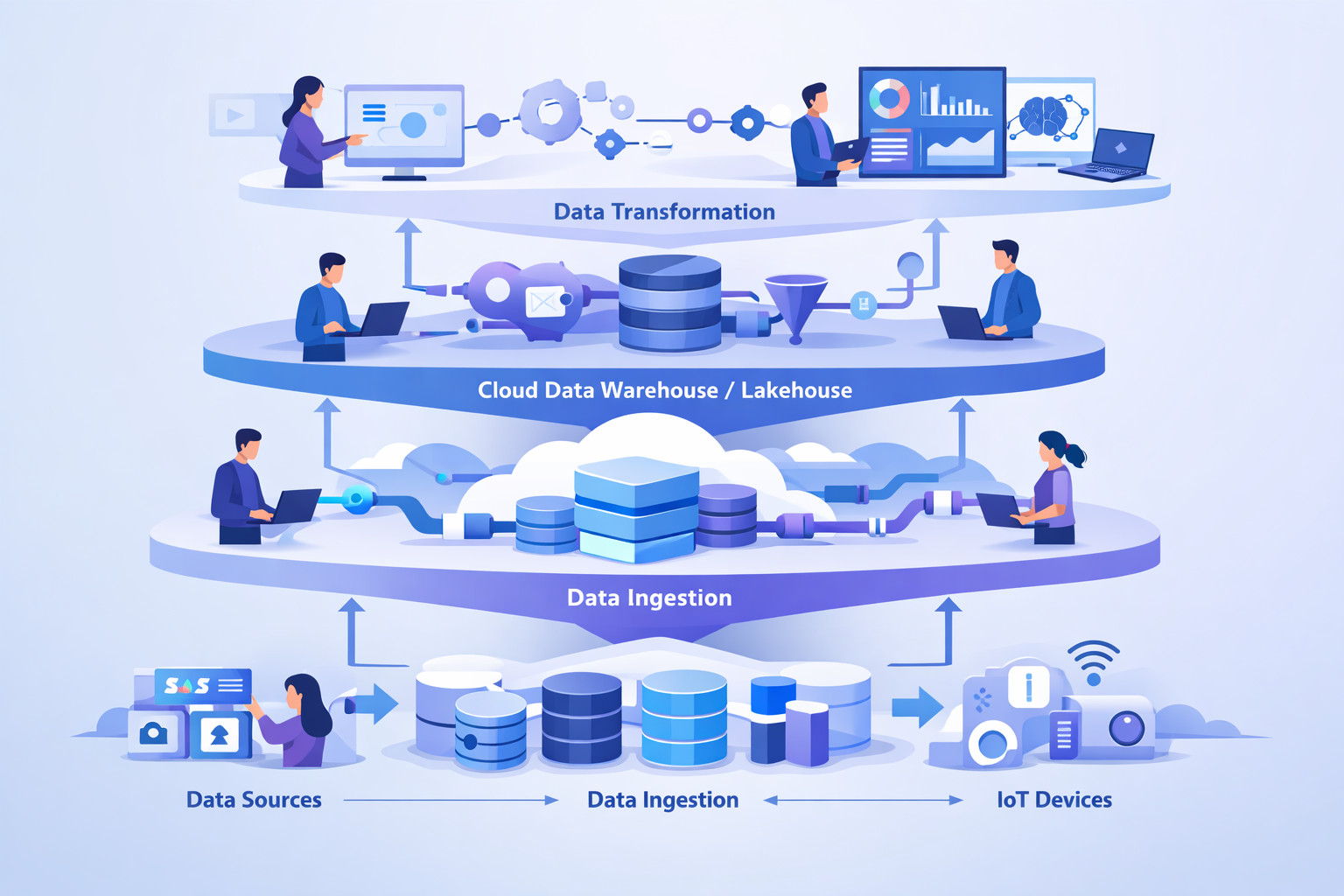 Diagram showing data flow from sources through ingestion, warehouse, and transformation to analytics.